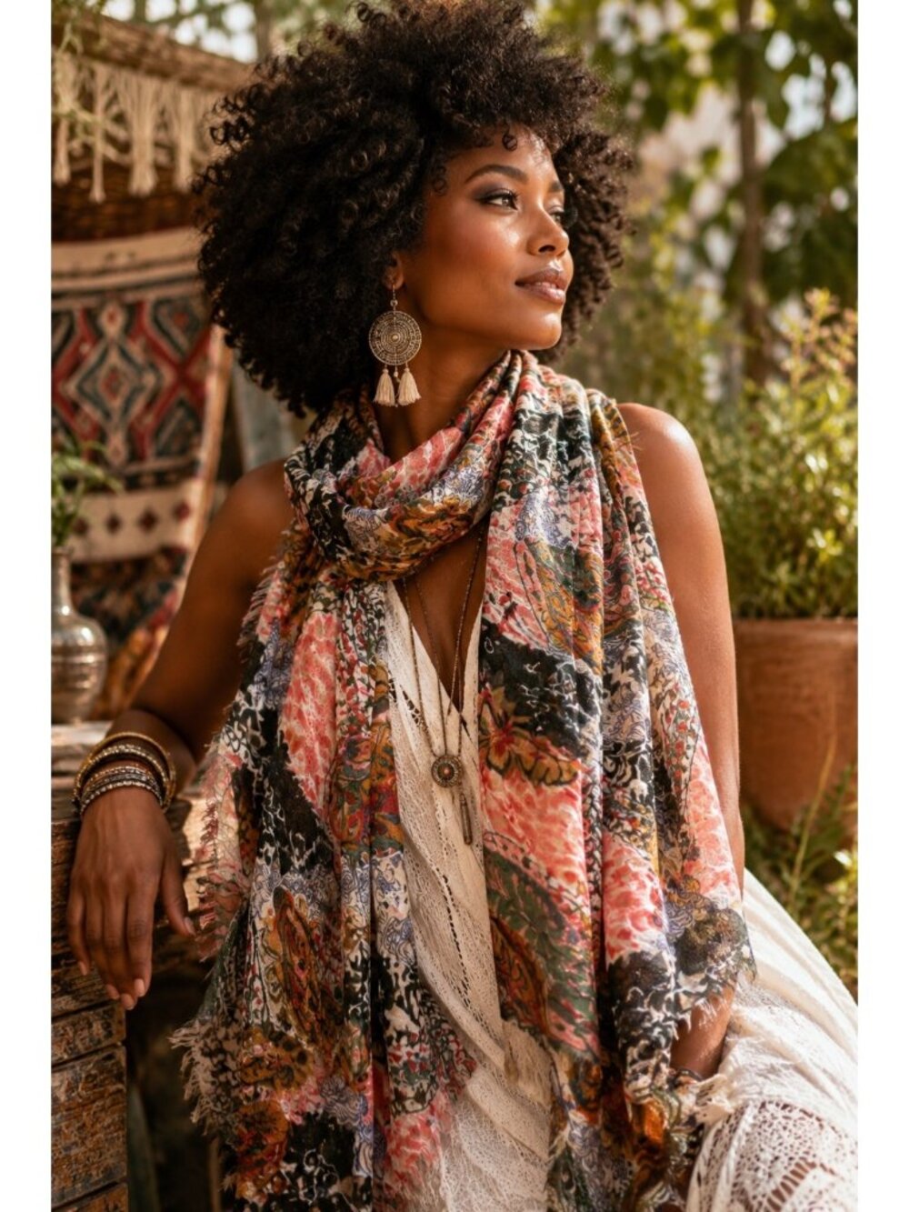 Renee NYC Paisley Floral Scarf 70% Viscose 30% Wool Fringe Wrap Shawl Boho 32x70